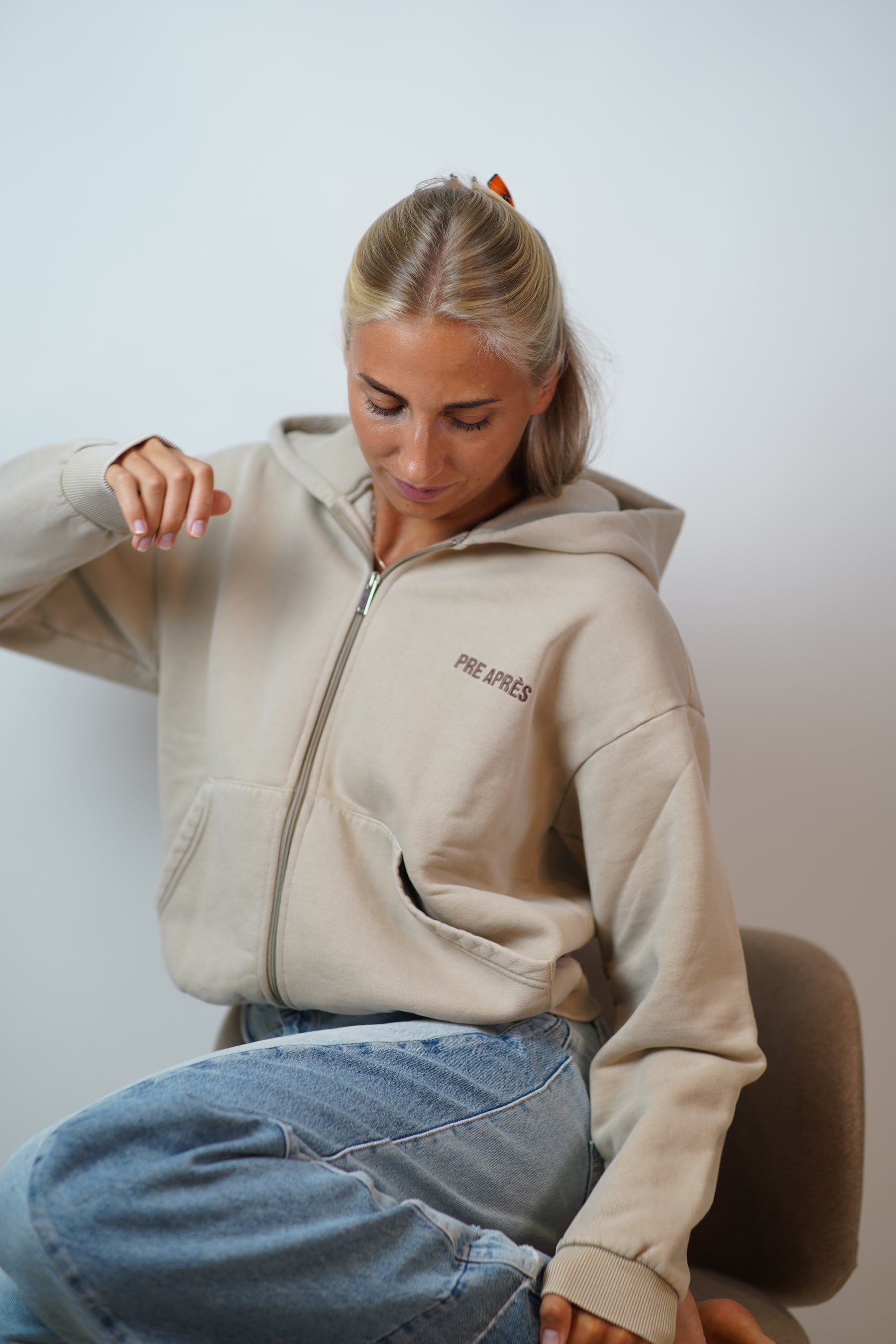 Washed Zip Up Hoodie (W) - Khaki Grey