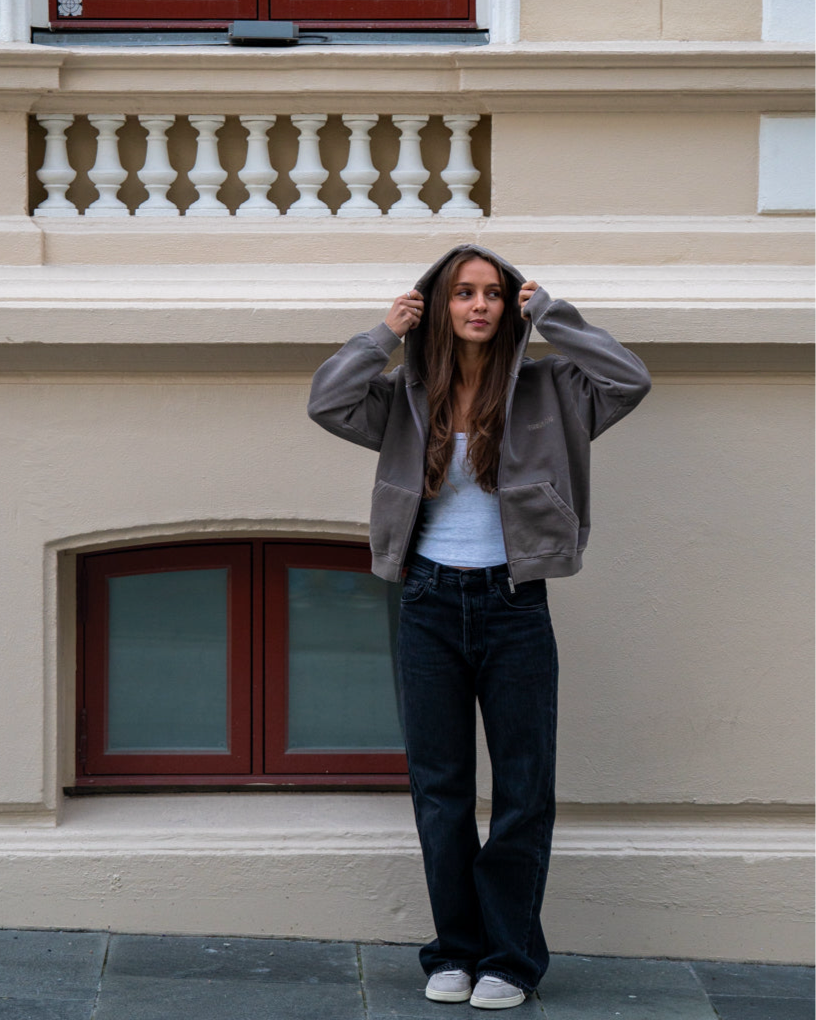 Washed Zip Hoodie (W) - Soft Brown