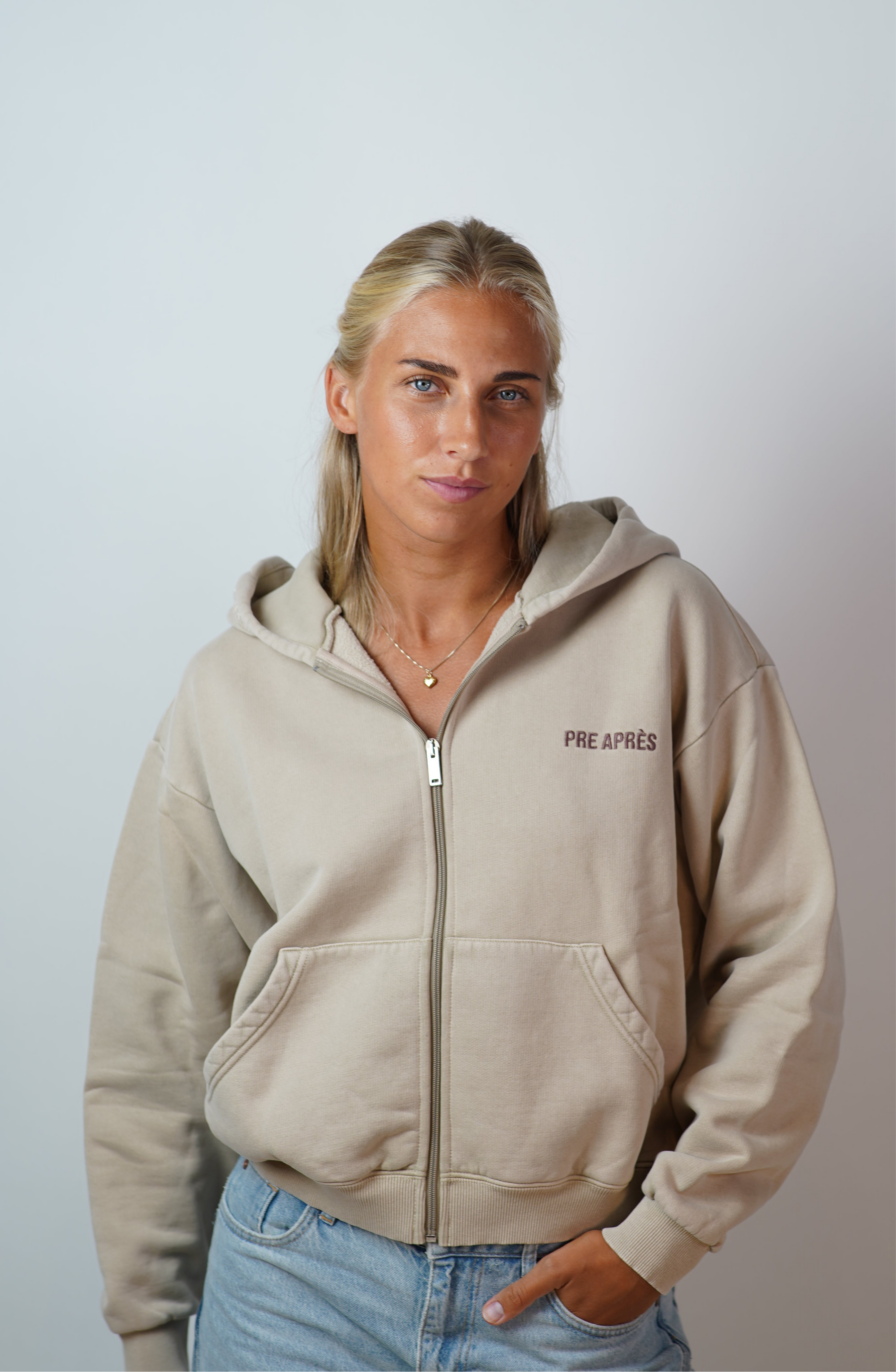 Washed Zip Up Hoodie (W) - Khaki Grey